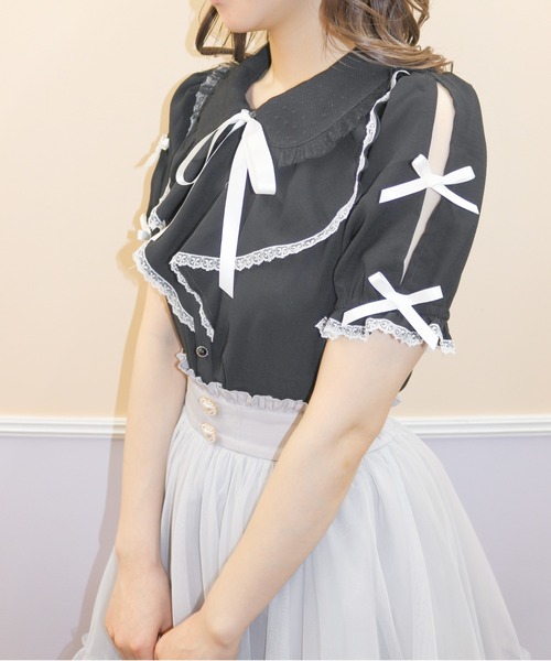 Secret Honey（シークレットハニー）の「ラッフルリボン肩開きブラウス（シャツ/ブラウス・レディース・ピンク/オフホワイト/ブラック・MEDIUM）」の7枚目の写真