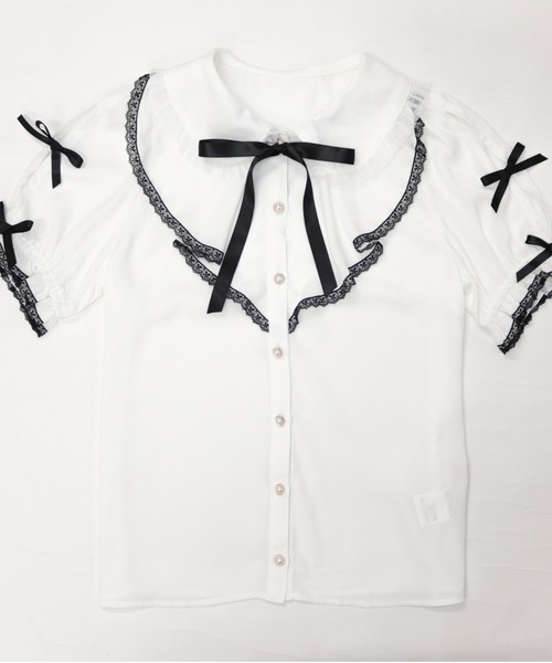 Secret Honey（シークレットハニー）の「ラッフルリボン肩開きブラウス（シャツ/ブラウス・レディース・ピンク/オフホワイト/ブラック・MEDIUM）」の9枚目の写真