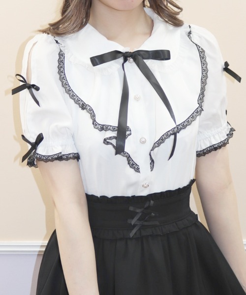 Secret Honey（シークレットハニー）の「ラッフルリボン肩開きブラウス（シャツ/ブラウス・レディース・ピンク/オフホワイト/ブラック・MEDIUM）」の18枚目の写真