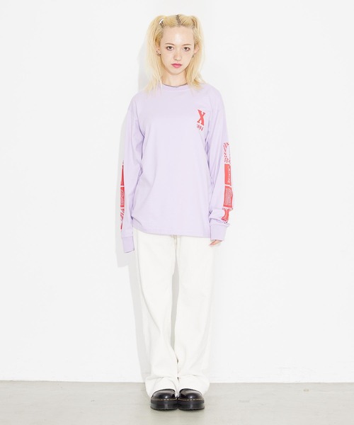 X-girl（エックスガール）の「BLOCK LOGO L/S TEE（Tシャツ/カットソー・レディース・ホワイト/ブラック/ライトパープル・S/M/L/XL）」の4枚目の写真