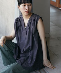 【インドコットン混】スカラップ刺繍スキッパーブラウス *◆