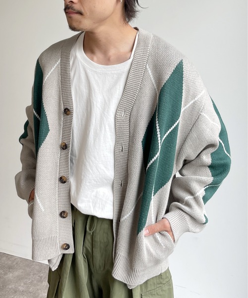 CPCM（シーピーシーエム）の「アーガイル強撚カーディガン（カーディガン/ボレロ・メンズ・グレー/グリーン/マスタード・MEDIUM/LARGE）」の2枚目の写真