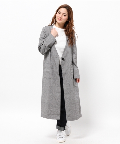 CIAOPANIC（チャオパニック）の「【Ciaopanic】　リネンノーカラーロングコート（その他アウター・レディース・ブラック/グレー・FREE）」の6枚目の写真