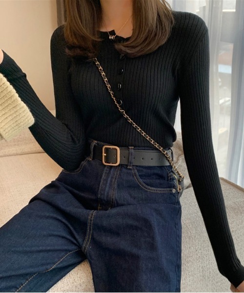 gossip！ロサンゼルス（ゴシップロサンゼルス）の「ラウンドネックボタンニット（ニット/セーター・レディース・オフホワイト/ブラック/ホワイト/グリーン/ピンク/グレー/パープル/サックスブルー/ボルドー・FREE）」の17枚目の写真