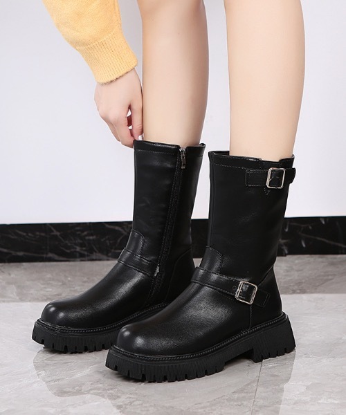 Burner(バーナー)の「【OKUOKU 0909】ダブルベルト ミドルブール oku-shoes-13-51(ブーツ・レディース・ブラック/ダークブラウン・40/38/36)」の1枚目の写真