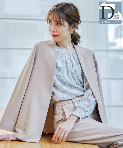 【ダブルストレッチ】【洗える】カラーレスロングジャケット（ノーカラージャケット）｜Tiaclasse（ティアクラッセ）