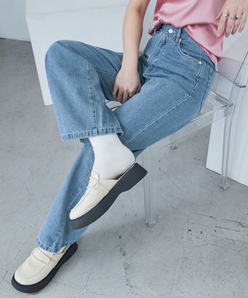 Fashion Letter(ファッションレター)の「セミワイド デニムパンツ(デニムパンツ・レディース・サックスブルー/インディゴブルー・M)」の4枚目の写真
