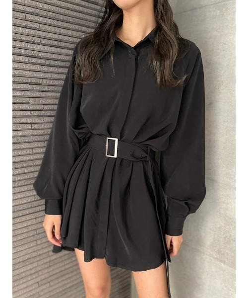 ENVYM（アンビー）の「AラインベルトシャツOP（ワンピース・レディース・ブラック/ホワイト/レオパード・FREE）」の2枚目の写真