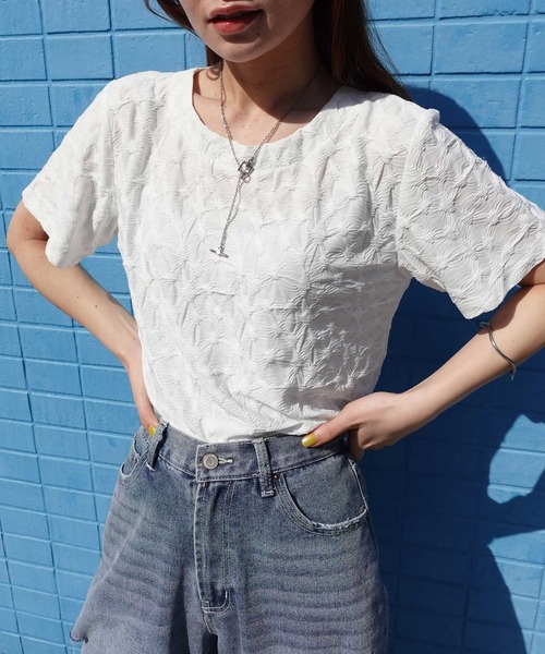 CORNERS（コーナーズ）の「シャーリングジャガードTシャツ（Tシャツ/カットソー・レディース・アイボリー/ブラウン/ブラック・M）」の2枚目の写真