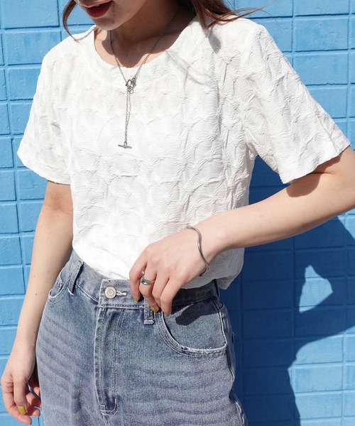 CORNERS（コーナーズ）の「シャーリングジャガードTシャツ（Tシャツ/カットソー・レディース・アイボリー/ブラウン/ブラック・M）」の6枚目の写真