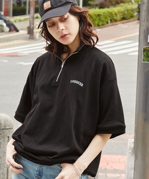 【CODDERR】ロゴ刺繍 ハーフジップ ビッグシルエット裏毛半袖プルオーバー