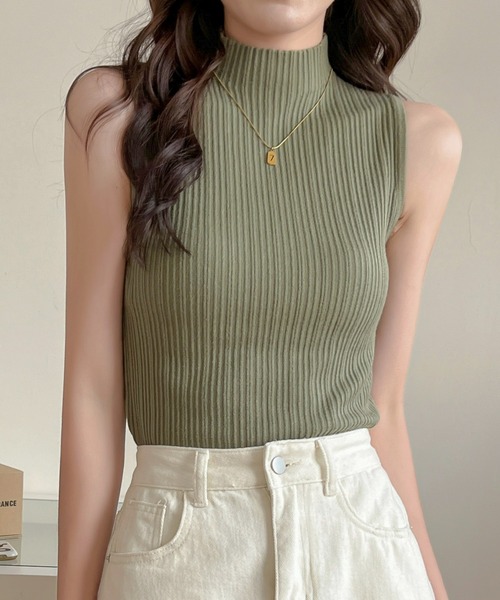 EPICKS(エピックス)の「フレンチスリーブモックネックリブニットトップス(Tシャツ/カットソー・レディース・カーキ/アイボリー/グリーン/ブラック/ベージュ・FREE)」の12枚目の写真