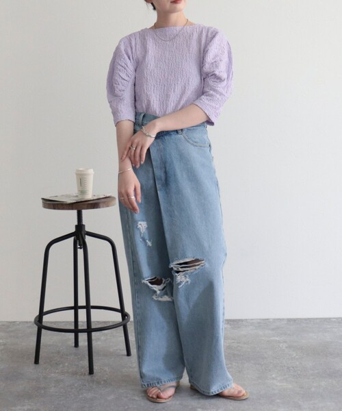 fredy emue(フレディエミュ)の「5分袖パフスリーブプルオーバー(Tシャツ/カットソー・レディース・ラベンダー/ブラック/オフホワイト/サックスブルー・38)」の21枚目の写真