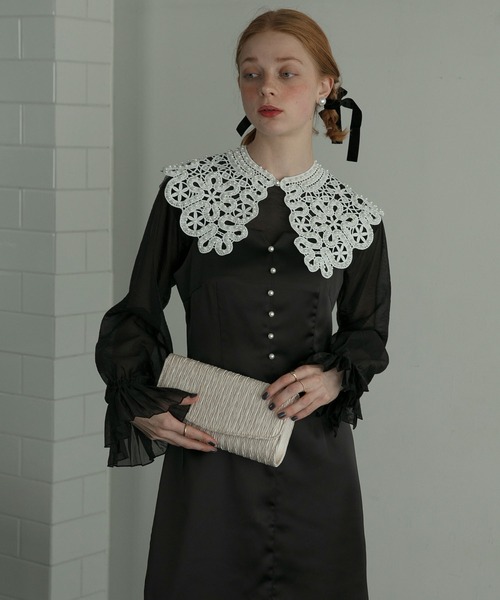 新品・タグ付き 24年♡ルネ リボン付きブラウス パール レース 定価6万円 S セール】【BONLECILL noir】レースフレアスリーブブラウス