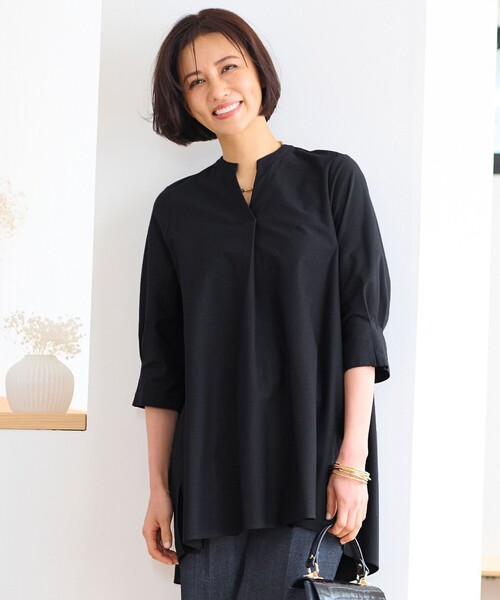 【セール】【UVカット・吸水速乾・洗える】ツイストプレーンバンドカラーチュニック丈 カットソー（Tシャツ/カットソー）｜自由区（ジユウク）