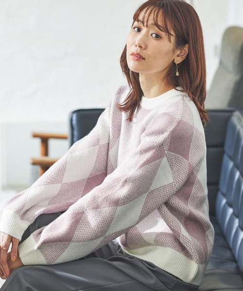 Honeys（ハニーズ）の「アーガイル柄ニット（ニット/セーター・レディース・ホワイト×グレー/ホワイト系その他/ホワイト系その他2/ホワイト×ピンク・S/M/L/LL）」の1枚目の写真