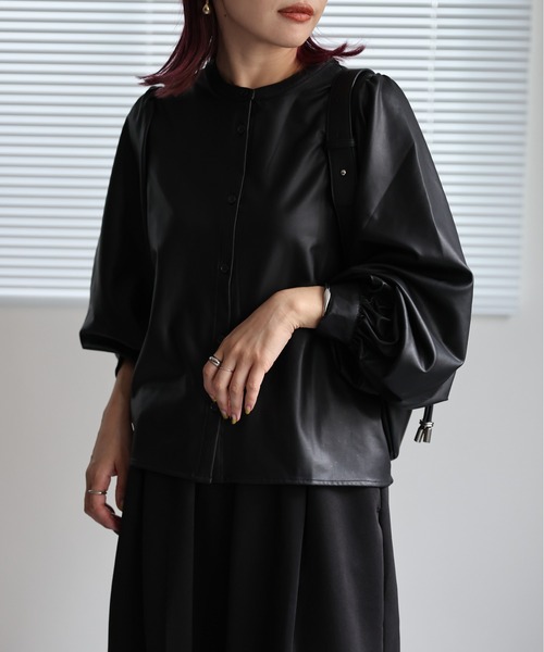 セール】フェイクレザーボリュームスリーブ2WAY ブラウス（シャツ