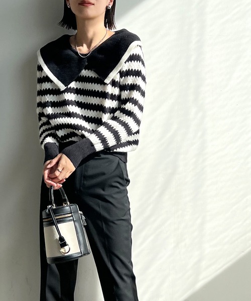 STELLA FISH(ステラフィッシュ)の「Big Color Border Knit Tops(ニット/セーター・レディース・ホワイト×ブラック/ブラック×グリーン・FREE)」の7枚目の写真