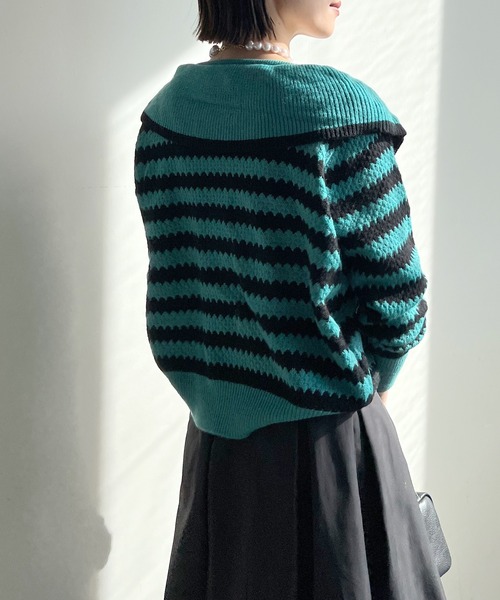 STELLA FISH(ステラフィッシュ)の「Big Color Border Knit Tops(ニット/セーター・レディース・ホワイト×ブラック/ブラック×グリーン・FREE)」の14枚目の写真