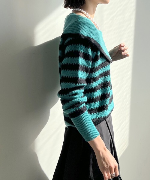 STELLA FISH(ステラフィッシュ)の「Big Color Border Knit Tops(ニット/セーター・レディース・ホワイト×ブラック/ブラック×グリーン・FREE)」の17枚目の写真