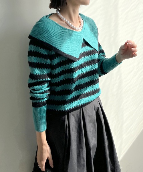 STELLA FISH(ステラフィッシュ)の「Big Color Border Knit Tops(ニット/セーター・レディース・ホワイト×ブラック/ブラック×グリーン・FREE)」の18枚目の写真