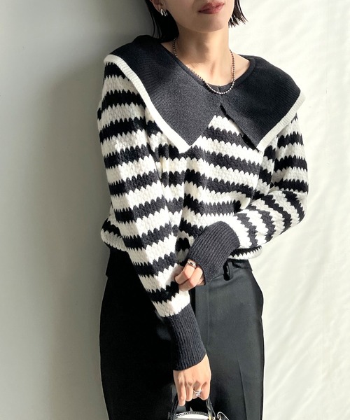 STELLA FISH(ステラフィッシュ)の「Big Color Border Knit Tops(ニット/セーター・レディース・ホワイト×ブラック/ブラック×グリーン・FREE)」の4枚目の写真