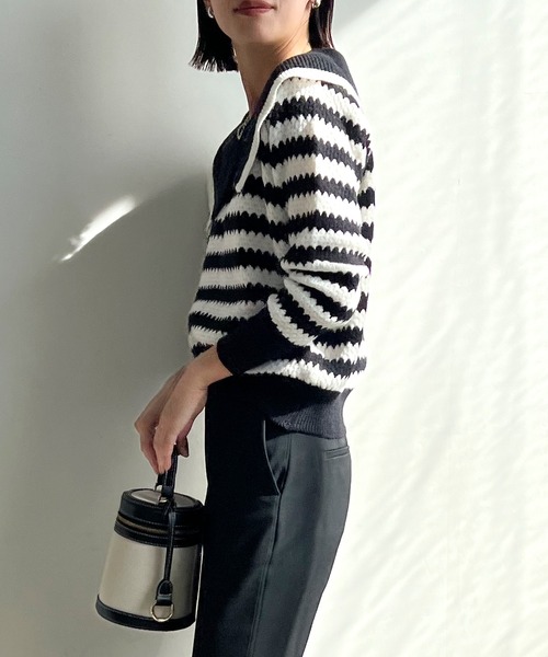 STELLA FISH(ステラフィッシュ)の「Big Color Border Knit Tops(ニット/セーター・レディース・ホワイト×ブラック/ブラック×グリーン・FREE)」の6枚目の写真