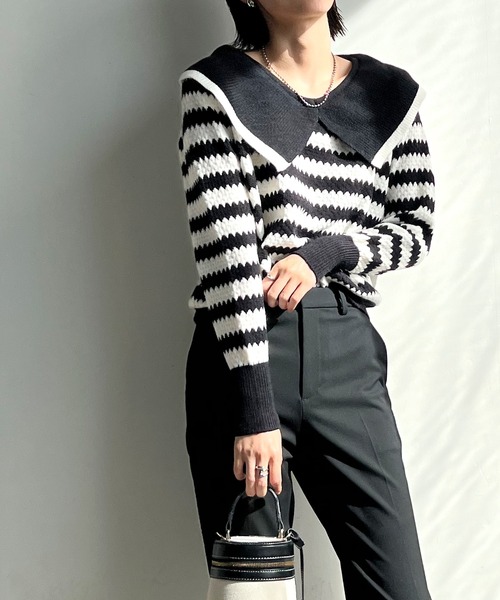 STELLA FISH(ステラフィッシュ)の「Big Color Border Knit Tops(ニット/セーター・レディース・ホワイト×ブラック/ブラック×グリーン・FREE)」の5枚目の写真