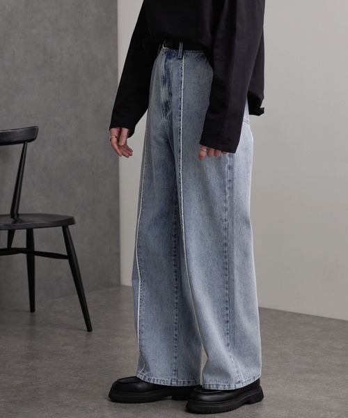 MONO-MART(モノマート)の「ヴィンテージメイクフリンジ セミワイドストレートデニムパンツ(デニムパンツ・メンズ・ブルー/グレー/オフホワイト/ブラック・M/S/L)」の4枚目の写真