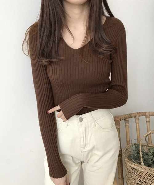Miniministore(ミニミニストア)の「タイト リブニット vネック きれいめ(ニット/セーター・レディース・ブラック/ブラウン/ベージュ/グレー/ピンク/ホワイト/ライトブラウン・フリー)」の5枚目の写真