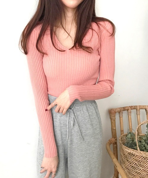 Miniministore(ミニミニストア)の「タイト リブニット vネック きれいめ(ニット/セーター・レディース・ブラック/ブラウン/ベージュ/グレー/ピンク/ホワイト/ライトブラウン・フリー)」の7枚目の写真