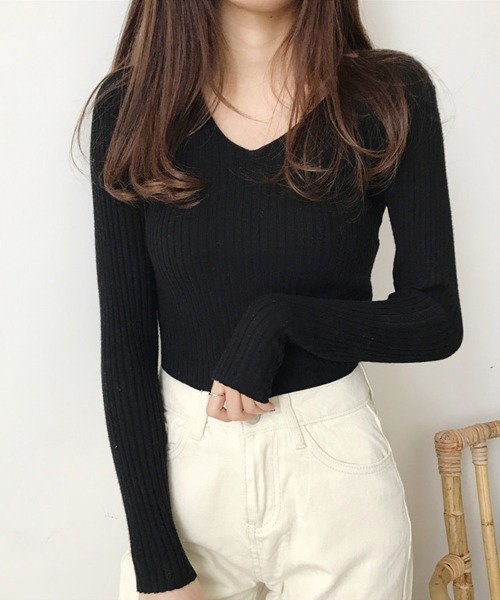 Miniministore(ミニミニストア)の「タイト リブニット vネック きれいめ(ニット/セーター・レディース・ブラック/ブラウン/ベージュ/グレー/ピンク/ホワイト/ライトブラウン・フリー)」の15枚目の写真