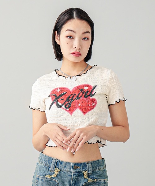 X-girl（エックスガール）の「HEART AIRBRUSH SHIRRED S/S TOP（Tシャツ/カットソー・レディース・ホワイト/ライトパープル・S/M）」の2枚目の写真