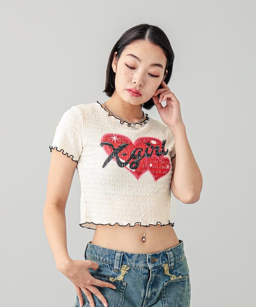 X-girl（エックスガール）の「HEART AIRBRUSH SHIRRED S/S TOP（Tシャツ/カットソー・レディース・ホワイト/ライトパープル・S/M）」の3枚目の写真