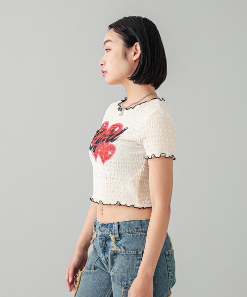 X-girl（エックスガール）の「HEART AIRBRUSH SHIRRED S/S TOP（Tシャツ/カットソー・レディース・ホワイト/ライトパープル・S/M）」の5枚目の写真