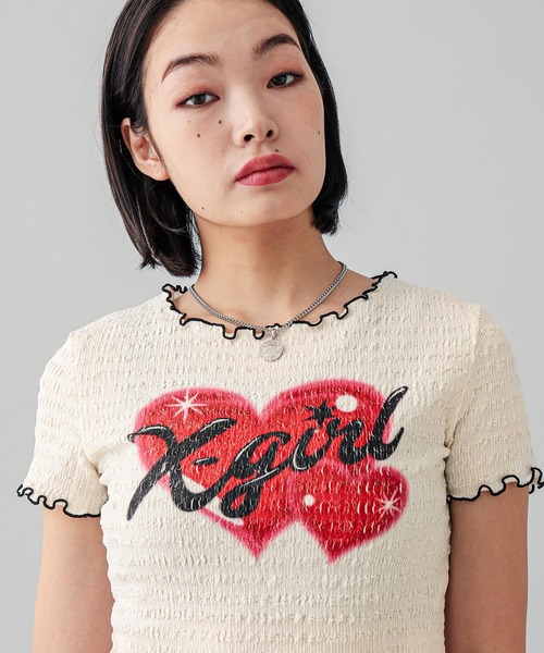 トップス AIRBRUSHED ROCK HEART TEE / WHITE X-girl（エックスガール）の「HEART AIRBRUSH SHIRRED S/S TOP