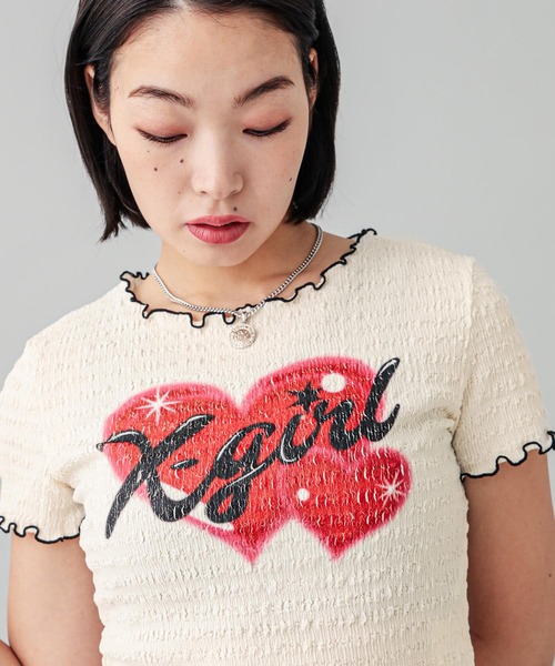 X-girl（エックスガール）の「HEART AIRBRUSH SHIRRED S/S TOP（Tシャツ/カットソー・レディース・ホワイト/ライトパープル・S/M）」の12枚目の写真
