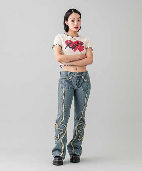 X-girl（エックスガール）の「HEART AIRBRUSH SHIRRED S/S TOP（Tシャツ/カットソー・レディース・ホワイト/ライトパープル・S/M）」の8枚目の写真