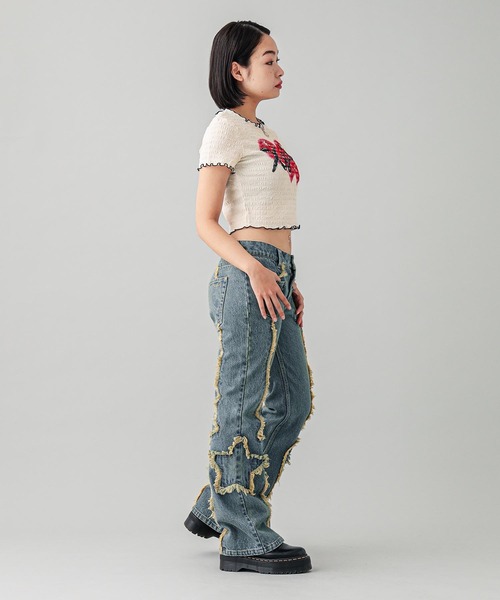 X-girl（エックスガール）の「HEART AIRBRUSH SHIRRED S/S TOP（Tシャツ/カットソー・レディース・ホワイト/ライトパープル・S/M）」の9枚目の写真