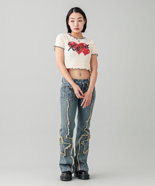 X-girl（エックスガール）の「HEART AIRBRUSH SHIRRED S/S TOP（Tシャツ/カットソー・レディース・ホワイト/ライトパープル・S/M）」の7枚目の写真