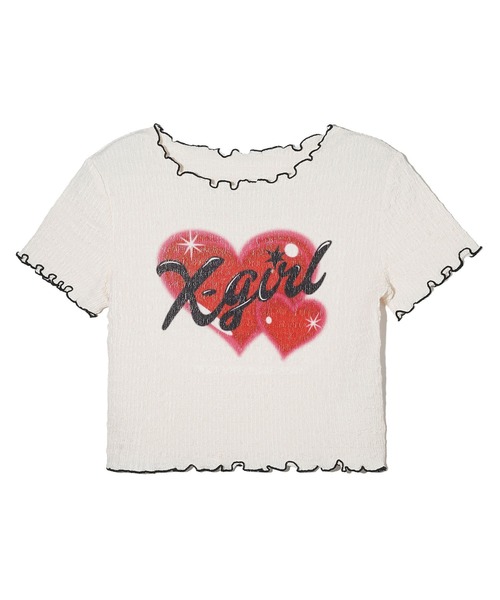 トップス AIRBRUSHED ROCK HEART TEE / WHITE X-girl（エックスガール）の「HEART AIRBRUSH SHIRRED S/S TOP