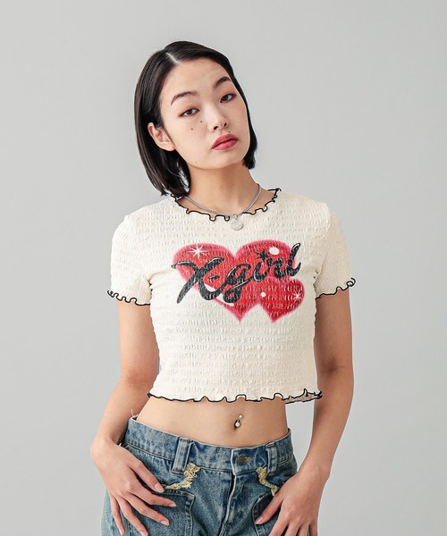 X-girl（エックスガール）の「HEART AIRBRUSH SHIRRED S/S TOP（Tシャツ/カットソー・レディース・ホワイト/ライトパープル・S/M）」の4枚目の写真