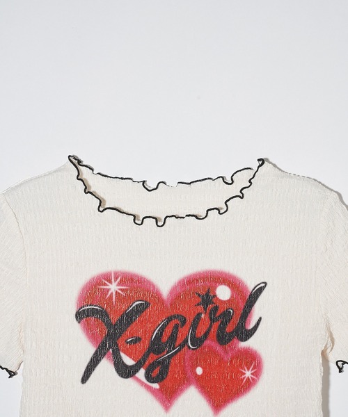 X-girl（エックスガール）の「HEART AIRBRUSH SHIRRED S/S TOP（Tシャツ/カットソー・レディース・ホワイト/ライトパープル・S/M）」の15枚目の写真