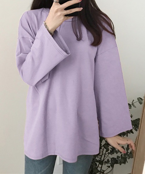STYLEBLOCK(スタイルブロック)の「シンプルロングTシャツ(Tシャツ/カットソー・レディース・ブラック/ブルー/パープル/ダークグレー/オレンジ/グリーン系その他/グリーン/ホワイト/レッド/ベージュ系その他/ピンク・M/2XL)」の8枚目の写真