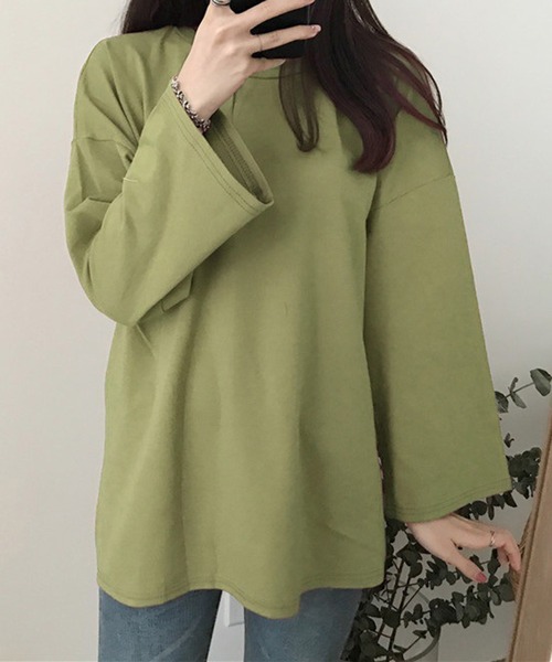 STYLEBLOCK(スタイルブロック)の「シンプルロングTシャツ(Tシャツ/カットソー・レディース・ブラック/ブルー/パープル/ダークグレー/オレンジ/グリーン系その他/グリーン/ホワイト/レッド/ベージュ系その他/ピンク・M/2XL)」の6枚目の写真