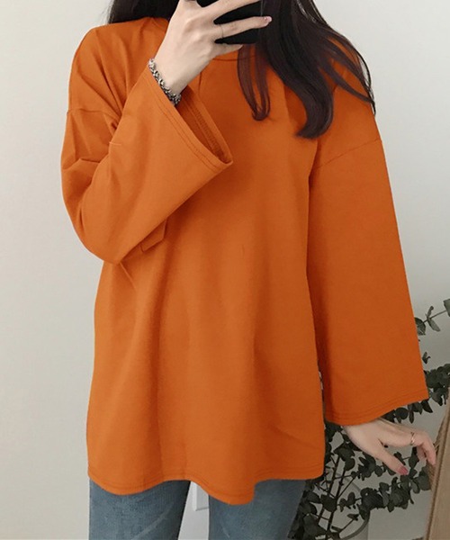 STYLEBLOCK(スタイルブロック)の「シンプルロングTシャツ(Tシャツ/カットソー・レディース・ブラック/ブルー/パープル/ダークグレー/オレンジ/グリーン系その他/グリーン/ホワイト/レッド/ベージュ系その他/ピンク・M/2XL)」の11枚目の写真