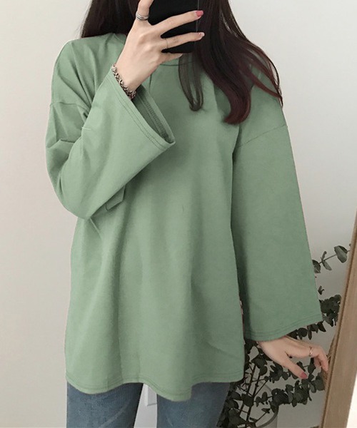 STYLEBLOCK(スタイルブロック)の「シンプルロングTシャツ(Tシャツ/カットソー・レディース・ブラック/ブルー/パープル/ダークグレー/オレンジ/グリーン系その他/グリーン/ホワイト/レッド/ベージュ系その他/ピンク・M/2XL)」の5枚目の写真