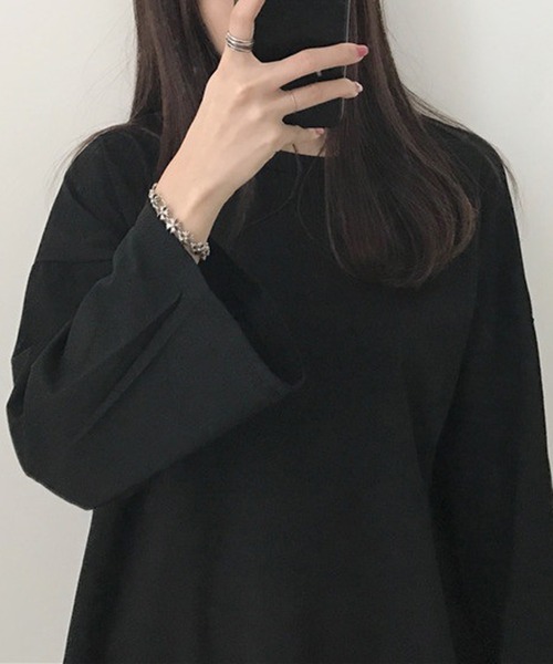 STYLEBLOCK(スタイルブロック)の「シンプルロングTシャツ(Tシャツ/カットソー・レディース・ブラック/ブルー/パープル/ダークグレー/オレンジ/グリーン系その他/グリーン/ホワイト/レッド/ベージュ系その他/ピンク・M/2XL)」の1枚目の写真