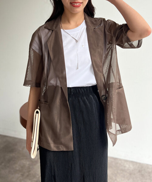 Chez toi(シェトワ)の「5分袖メッシュテーラードジャケット(テーラードジャケット・レディース・ブラック/ブラウン/アイボリー・FREE)」の3枚目の写真