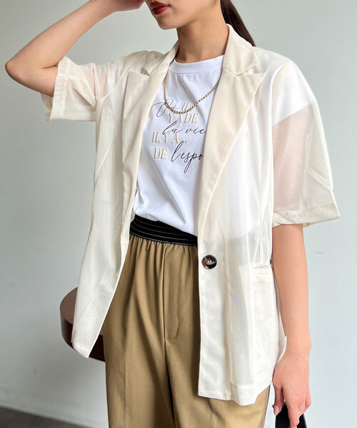 Chez toi(シェトワ)の「5分袖メッシュテーラードジャケット(テーラードジャケット・レディース・ブラック/ブラウン/アイボリー・FREE)」の2枚目の写真